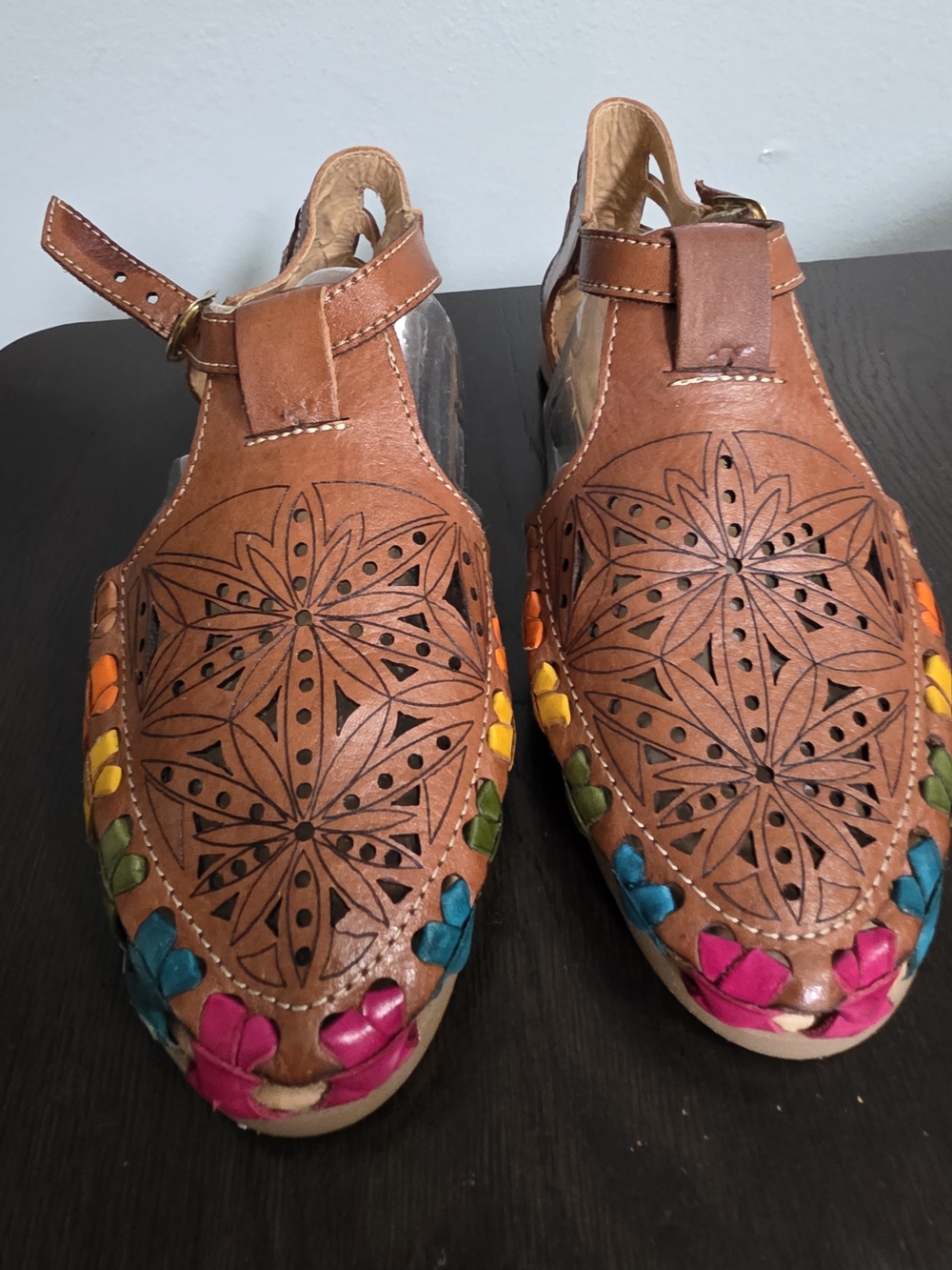 Handcrafted Brown Leather Women’s Huarache Sandals with Multicolor Accents